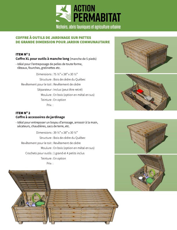 Coffre à outils de jardinage sur pattes de grande dimension avec vérin a gaz